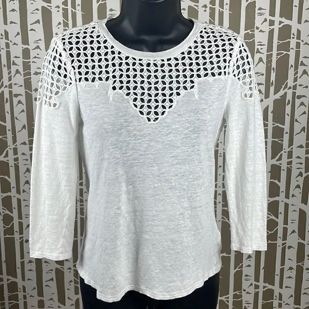 Rebecca Taylor 100% Linen 3/4 Sleeve Top with Embroidered Lace Shoulders sz XS